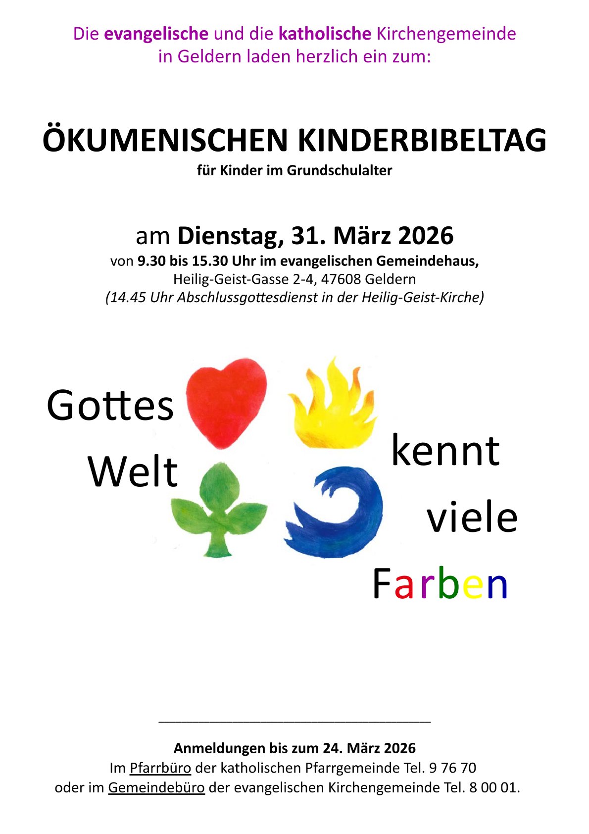Plakat für den Kinderbibeltag, Gottes Welt kennt viele Farben, rotes Herz, gelbes Feuer, grüner Baum, blaue Welle