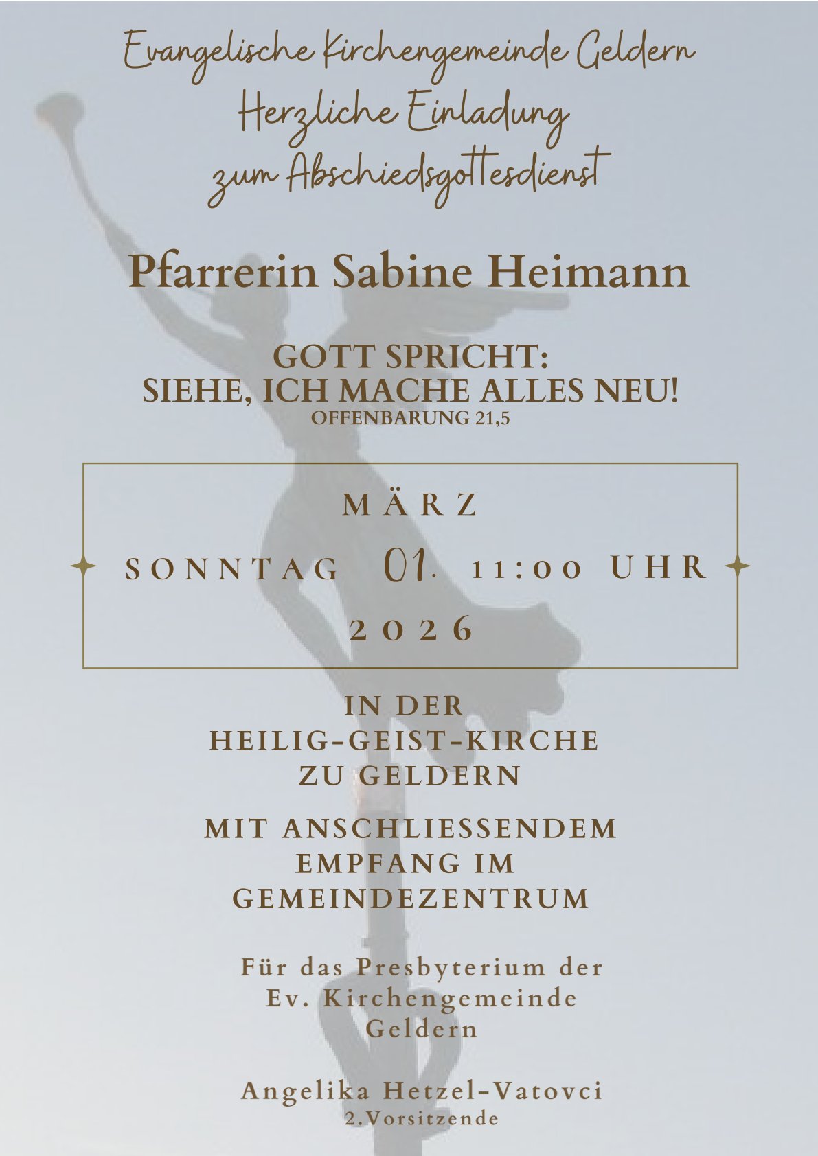 Einladung zur Verabschiedung von Pfarrerin Sabine Heimann, Thema: Jahreslosung 2026 "Siehe, ich mache alles neu!"