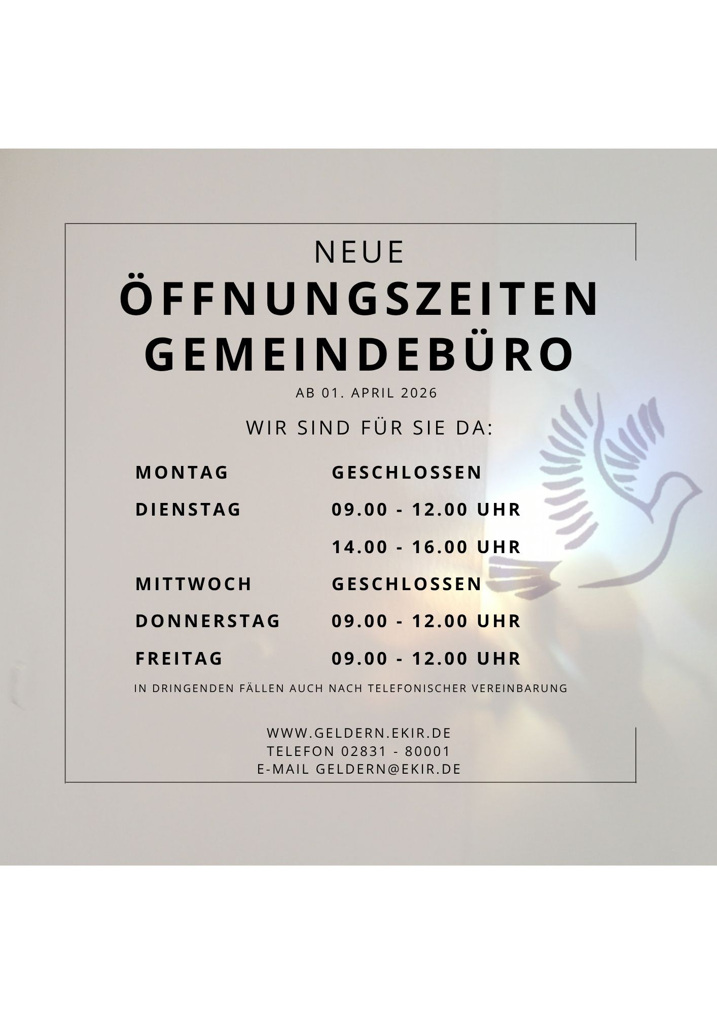 neue Öffnungszeiten des Gemeindebüros ab 01.04.26