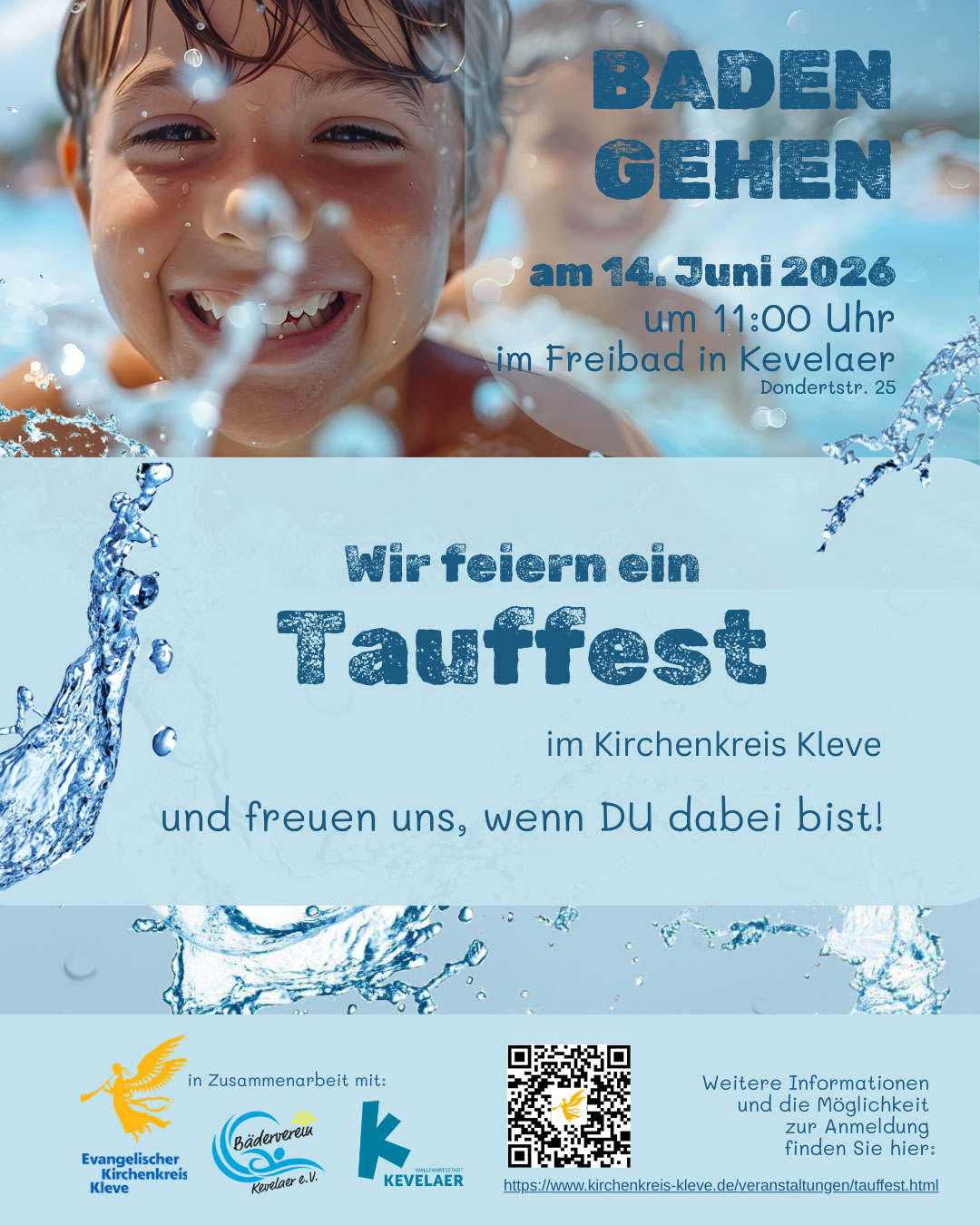 Plakat Tauffest. Kind im Wasser. Wasserspritzer. Titel: Baden gehen. Wir feiern ein Tauffest.