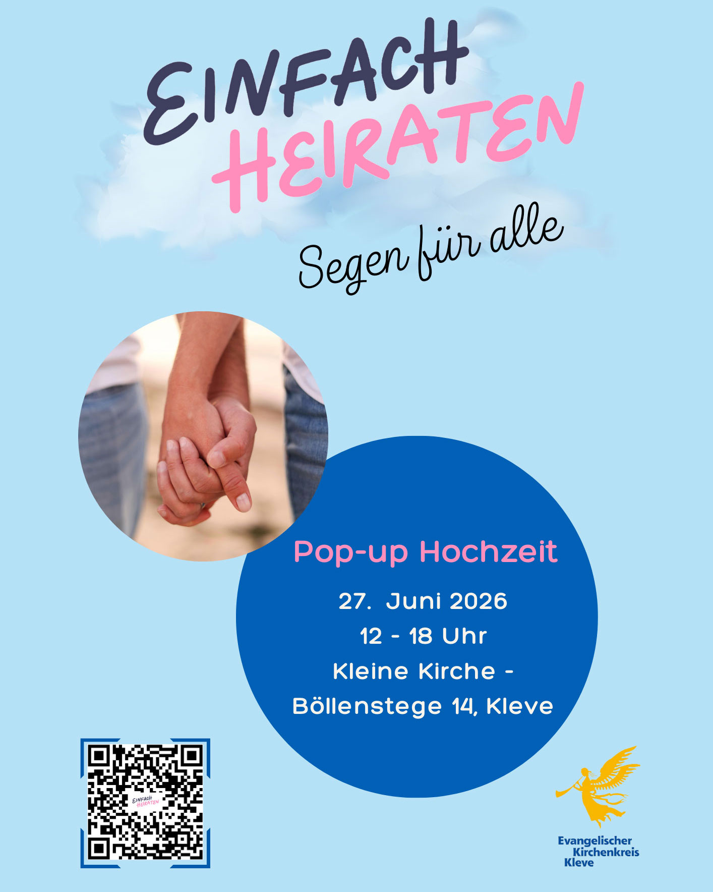 Plakat für "Einfach heiraten" in Kleve. Im Hintergrund ein hellblauer Himmel. In einem Kreis zwei verschränkte Hände.