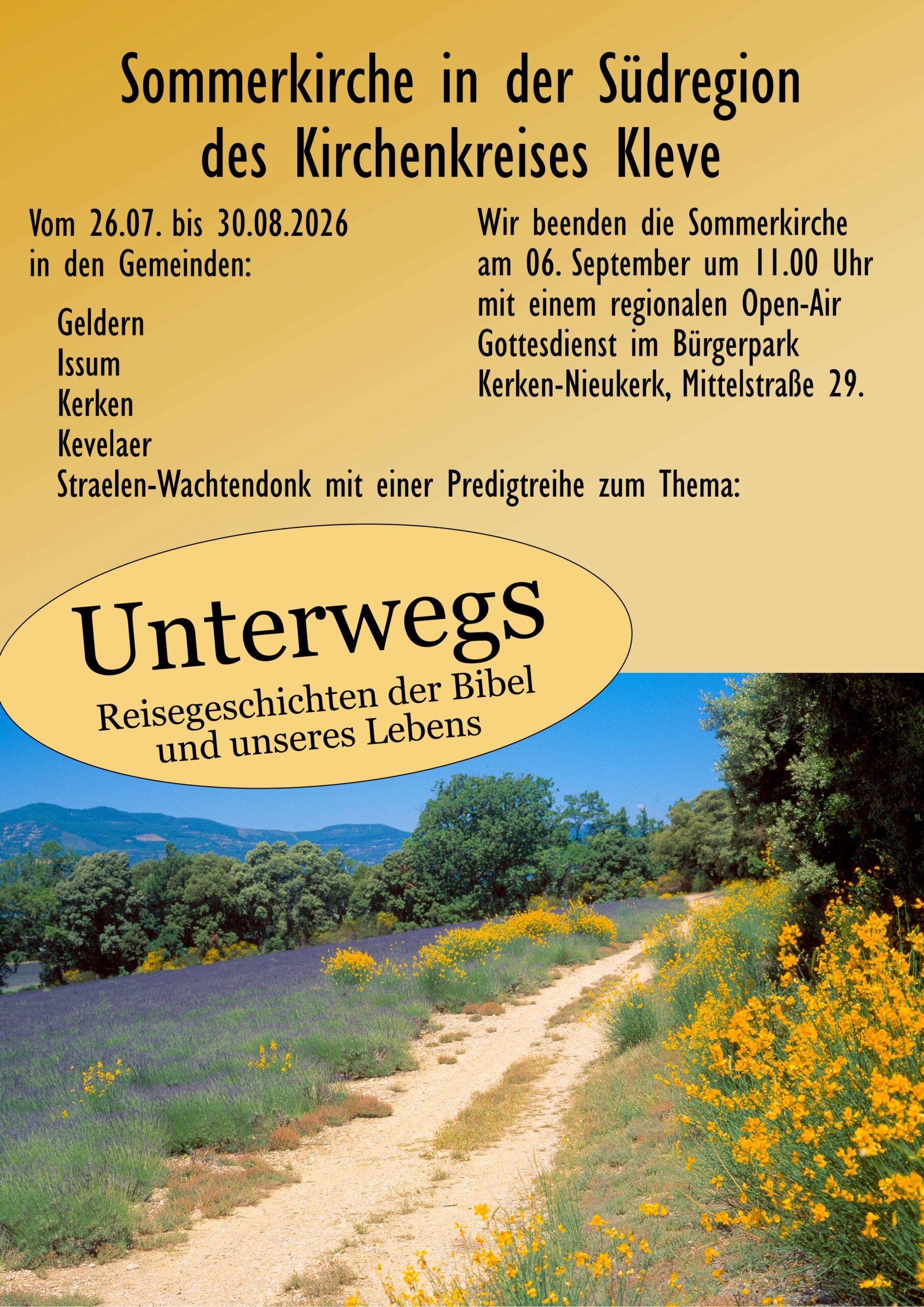 "Unterwegs - Reisegeschichten der Bibel und unseres Lebens". Bild eines Weges durch eine Blumenwiese mit Bäumen im Hintergrund.