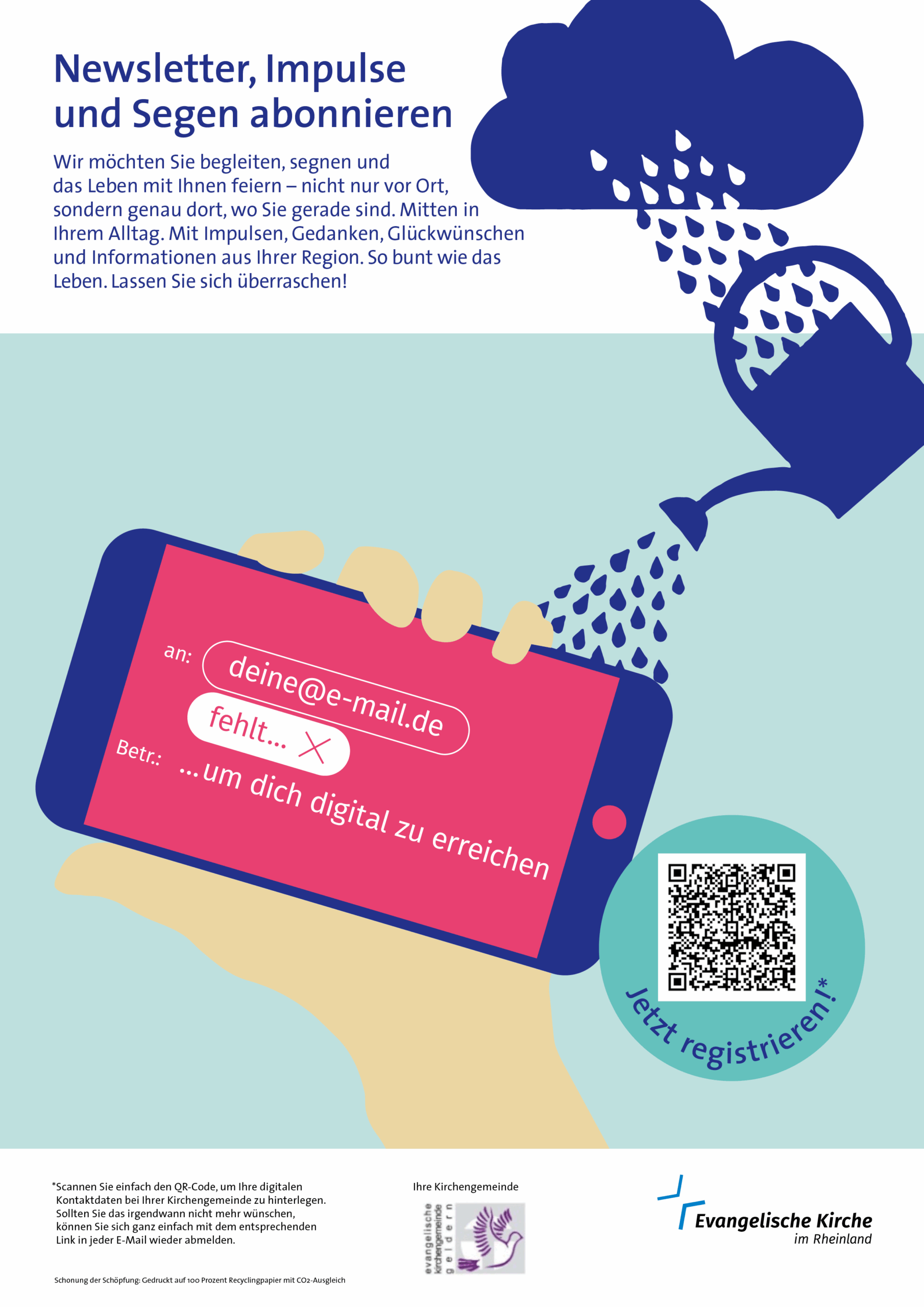 aus einer Regenwolke fließen Tropfen in eine blaue Gießkanne, von dort auf ein von einer Hand gehaltenes Smartphone. Dort steht "deine email fehlt um dich digital zu erreichen"