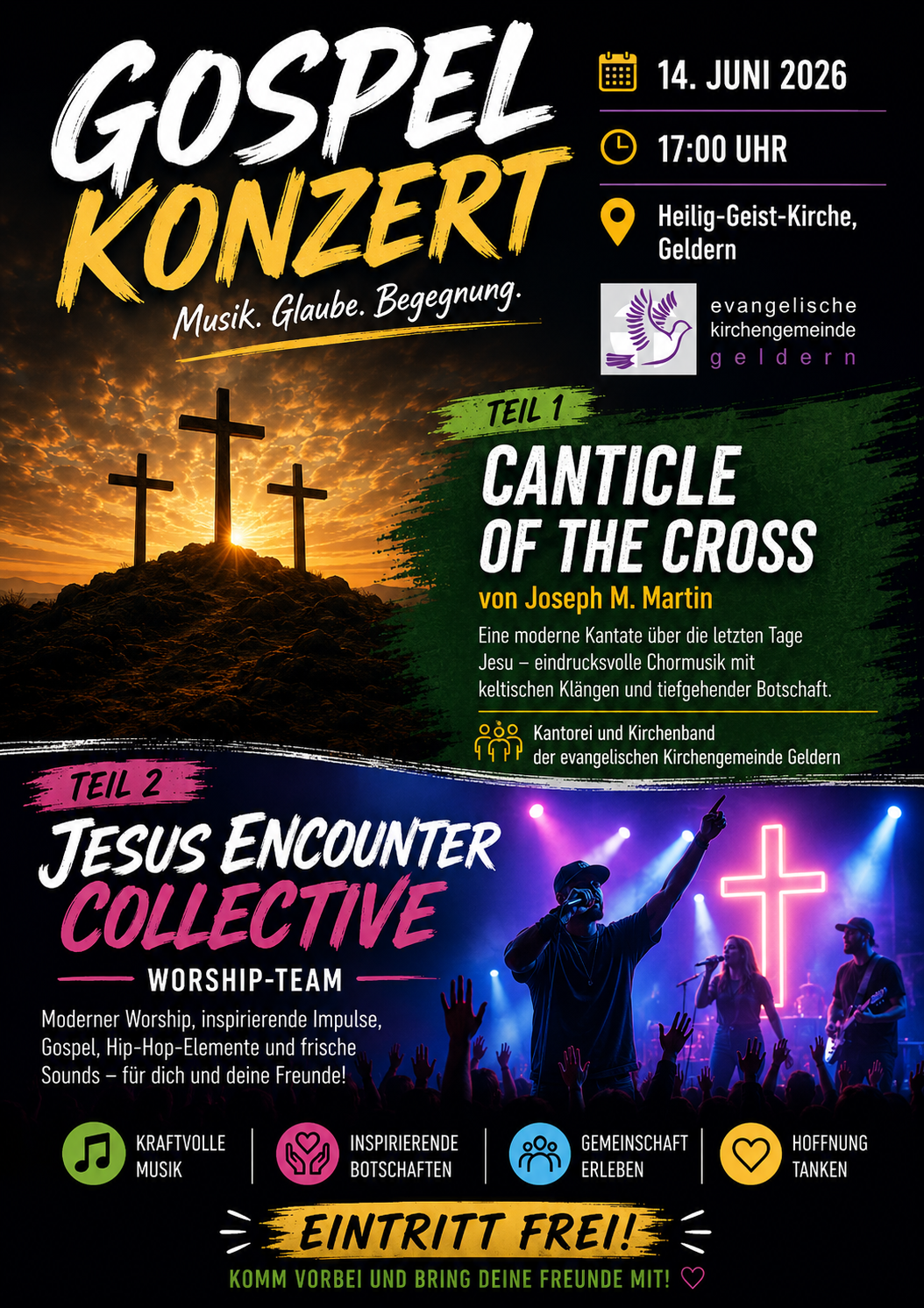 Plakat für ein Gospelkonzert am 14. Juni 2026 in der Heilig-Geist-Kirche Geldern mit zwei Teilen: 'Canticle of the Cross' und 'Jesus Encounter Collective' Worship-Team, darunter Silhouetten von Menschen vor einem leuchtenden Kreuz in einer Kirche