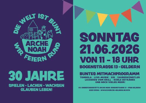 Bunte Einladung zum 30-jährigen Jubiläum der evangelischen Kindertagesstätte Arche Noah mit Datum, Uhrzeit, Adresse und Programmhinweisen