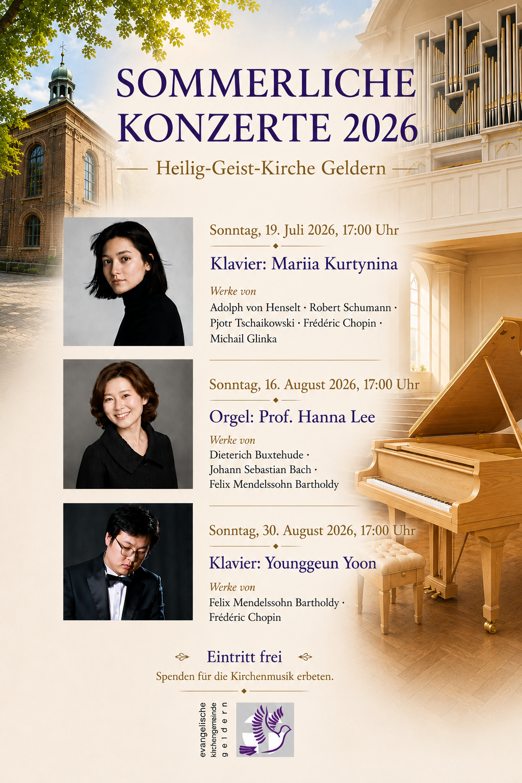Plakat für sommerliche Konzerte 2026 in der Heilig-Geist-Kirche Geldern mit Porträts von drei Pianisten und Organistin sowie einem Kircheninnenraum mit Orgel und Klavier.
