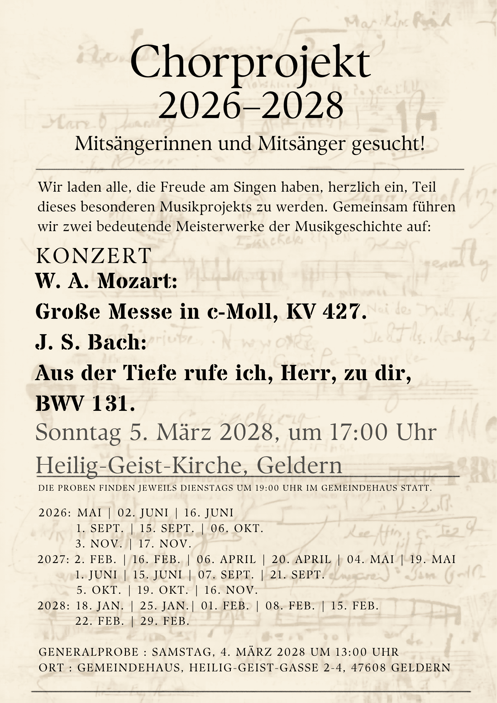 Zettel mit Ankündigung eines Chorprojekts der evangelischen Kantorei mit Konzertterminen und Probenzeiten vor einer handschriftlichen Notenskizze