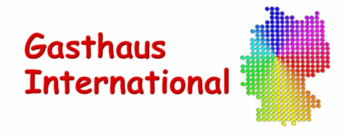 Logo mit der Aufschrift 'Gasthaus International' neben einer Deutschlandkarte aus bunten Punkten