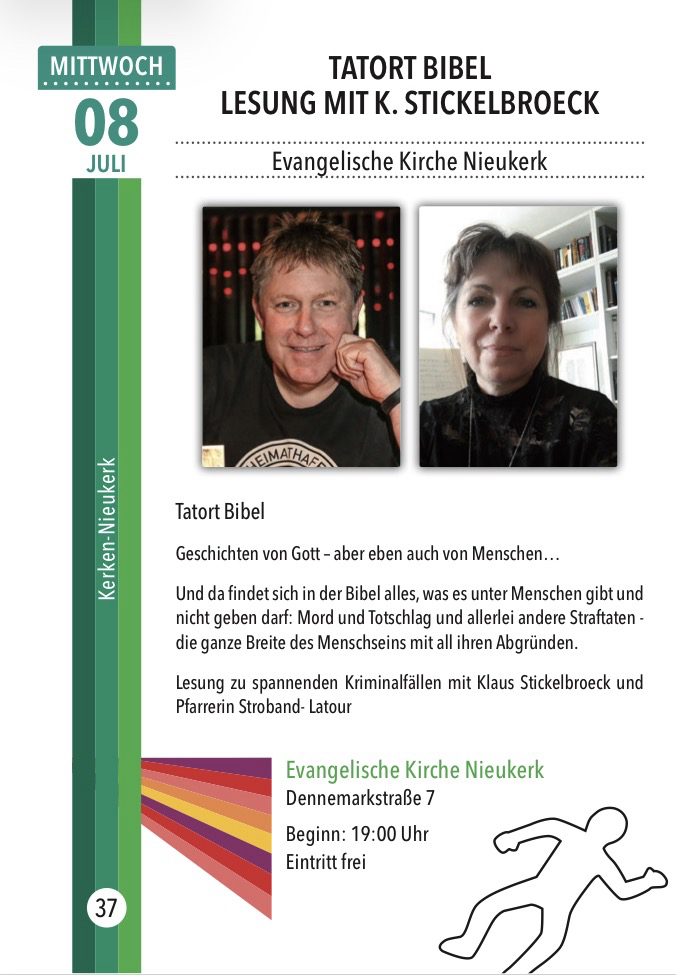Veranstaltungsankündigung für eine Lesung mit Klaus Stickelbroeck und Pfarrerin Stroband-Latour in der Evangelischen Kirche Nieukerk mit Porträts der beiden Personen und Textinformationen zum Thema Krimi und Bibel.
