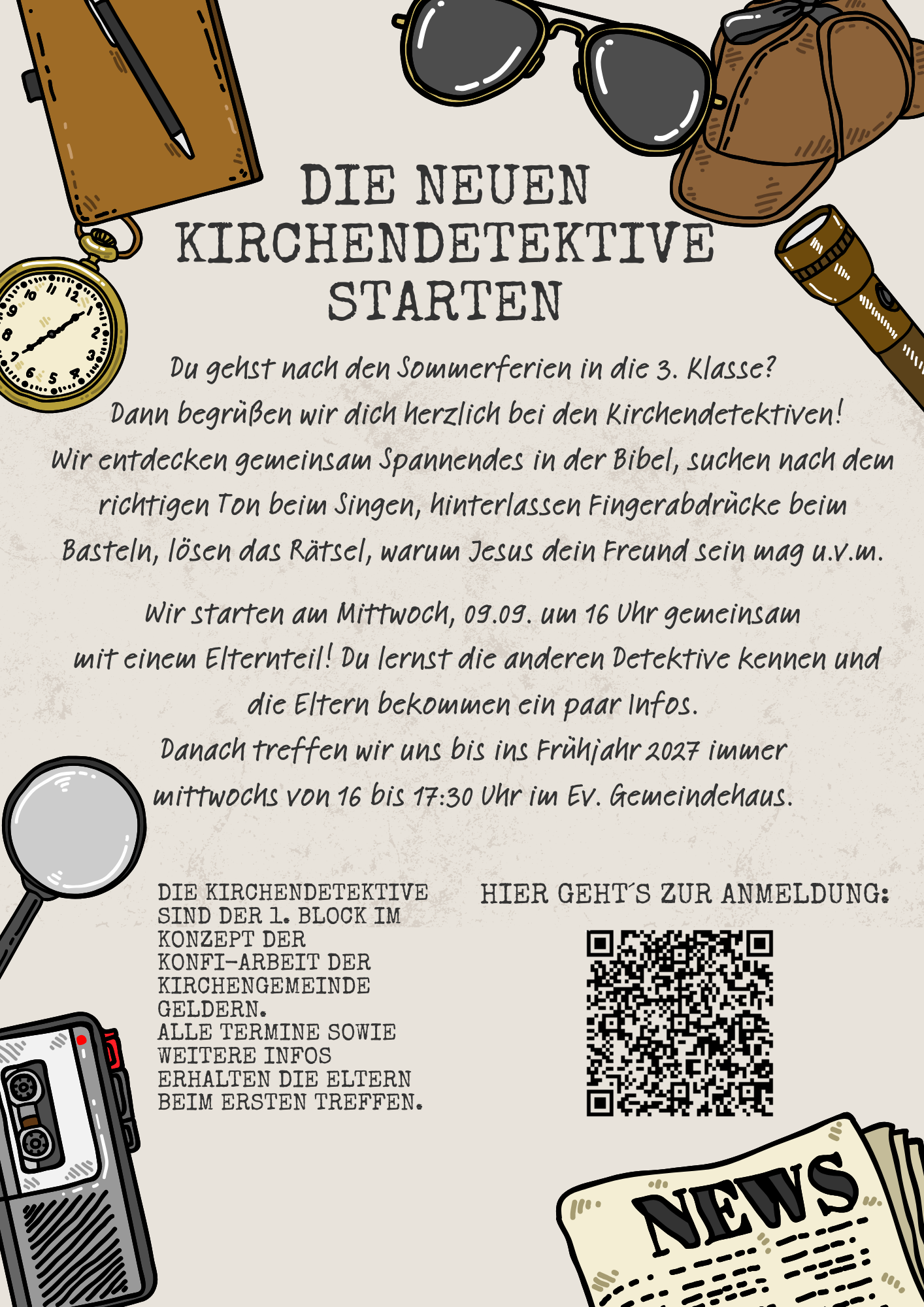 Plakat mit Informationen zum Start der Kirchendetektive für Konfirmandenunterricht mit Text, einer Lupe, einer Taschenuhr, einer Kamera, einer Sonnenbrille, einer Mütze und einer Taschenlampe als Dekoration