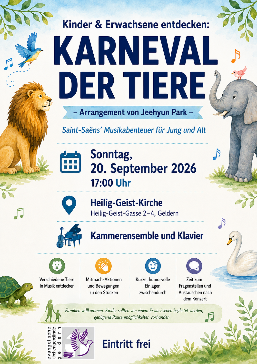 Plakat für ein Kinderkonzert mit dem Titel 'Karneval der Tiere' mit Illustrationen von Löwe, Elefant, Schildkröte und Schwan sowie Veranstaltungsdetails und Hinweis auf freien Eintritt