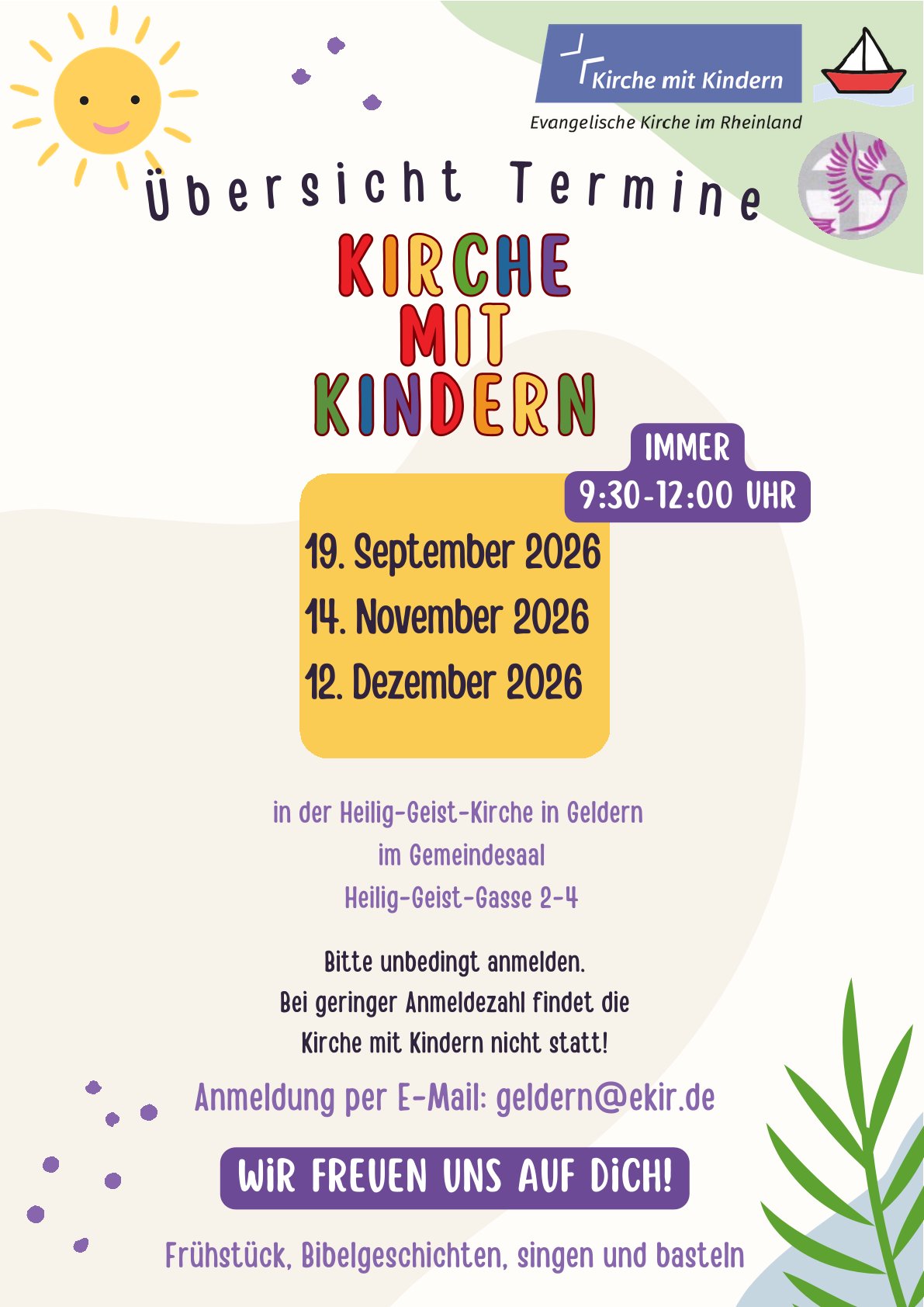 Übersichtsterminplan für "Kirche mit Kindern" mit drei Terminen im Jahr 2026, jeweils von 9:30 bis 12:00 Uhr, in der Heilig-Geist-Kirche in Geldern, mit Einladung zur Anmeldung per E-Mail und Hinweis auf Frühstück, Bibelgeschichten, Singen und Basteln