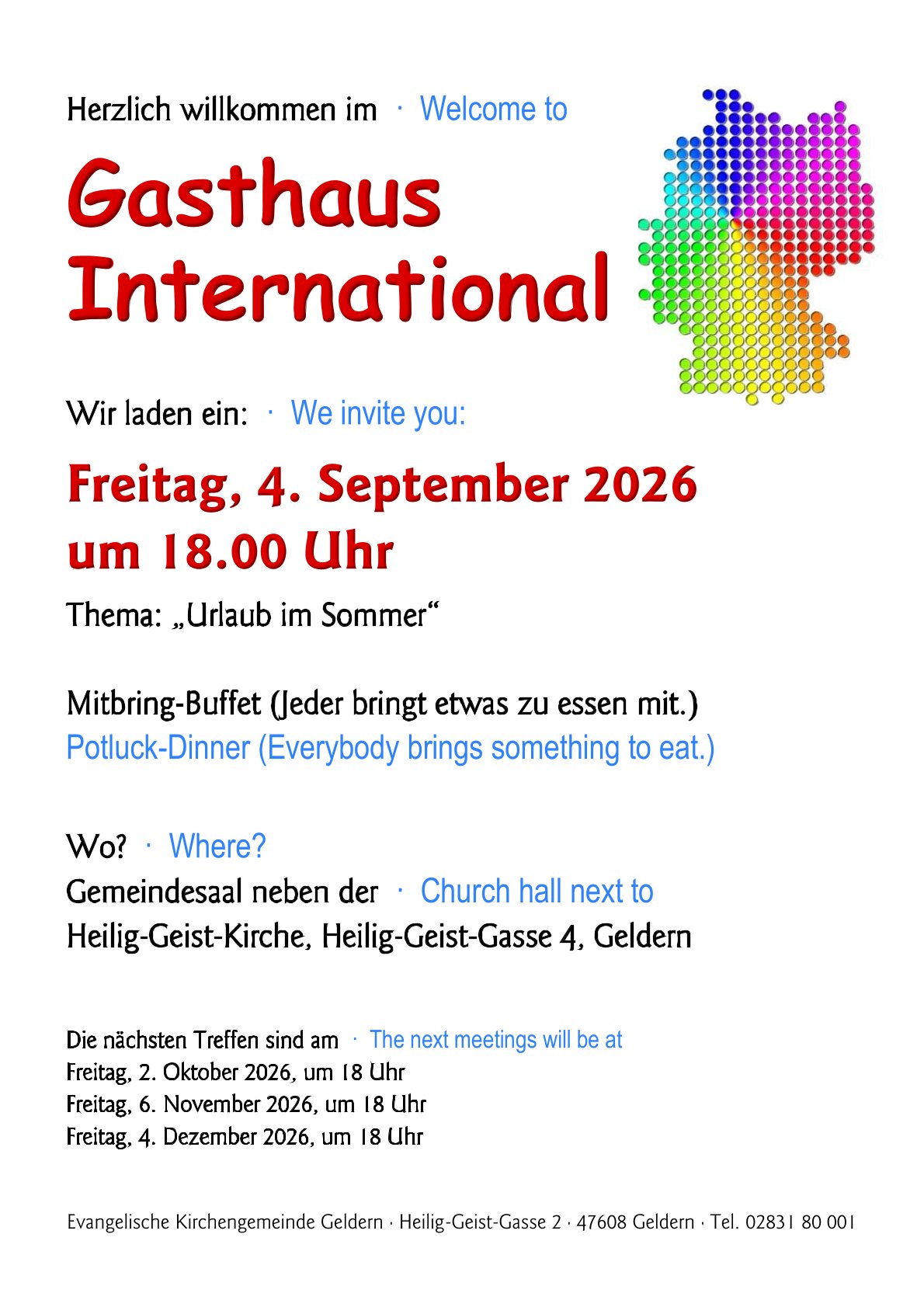 Plakat mit Einladung zum Gasthaus International am Freitag, 4. Septemver 2026 um 18 Uhr mit Mitbring-Buffet, Veranstaltungsort neben der Heilig-Geist-Kirche in Geldern, Deutschland, mit farbiger Deutschlandkarte aus Punkten