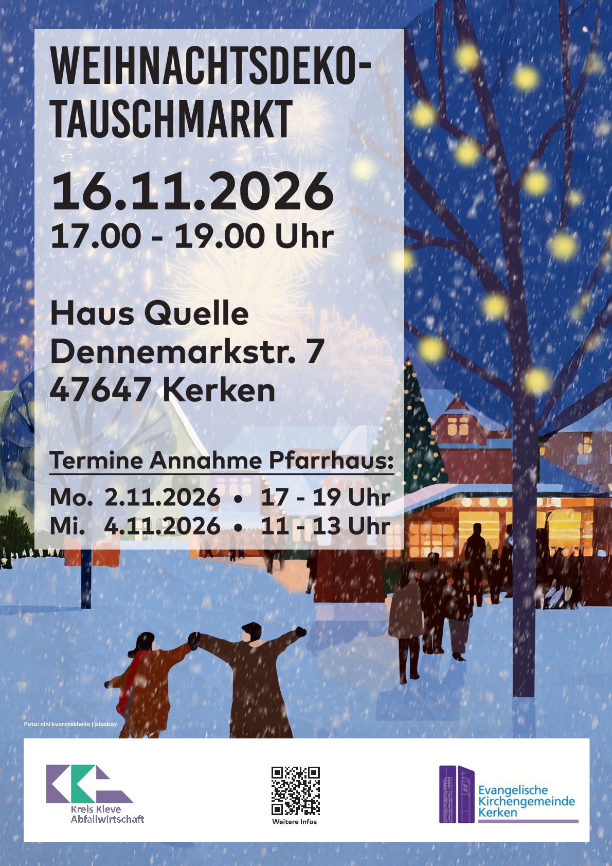 Winterliche Szene mit beleuchteten Bäumen und Menschen vor einem Haus, darüber Text zu einem Weihnachtsdekotauschmarkt am 16.11.2026 in Kerken