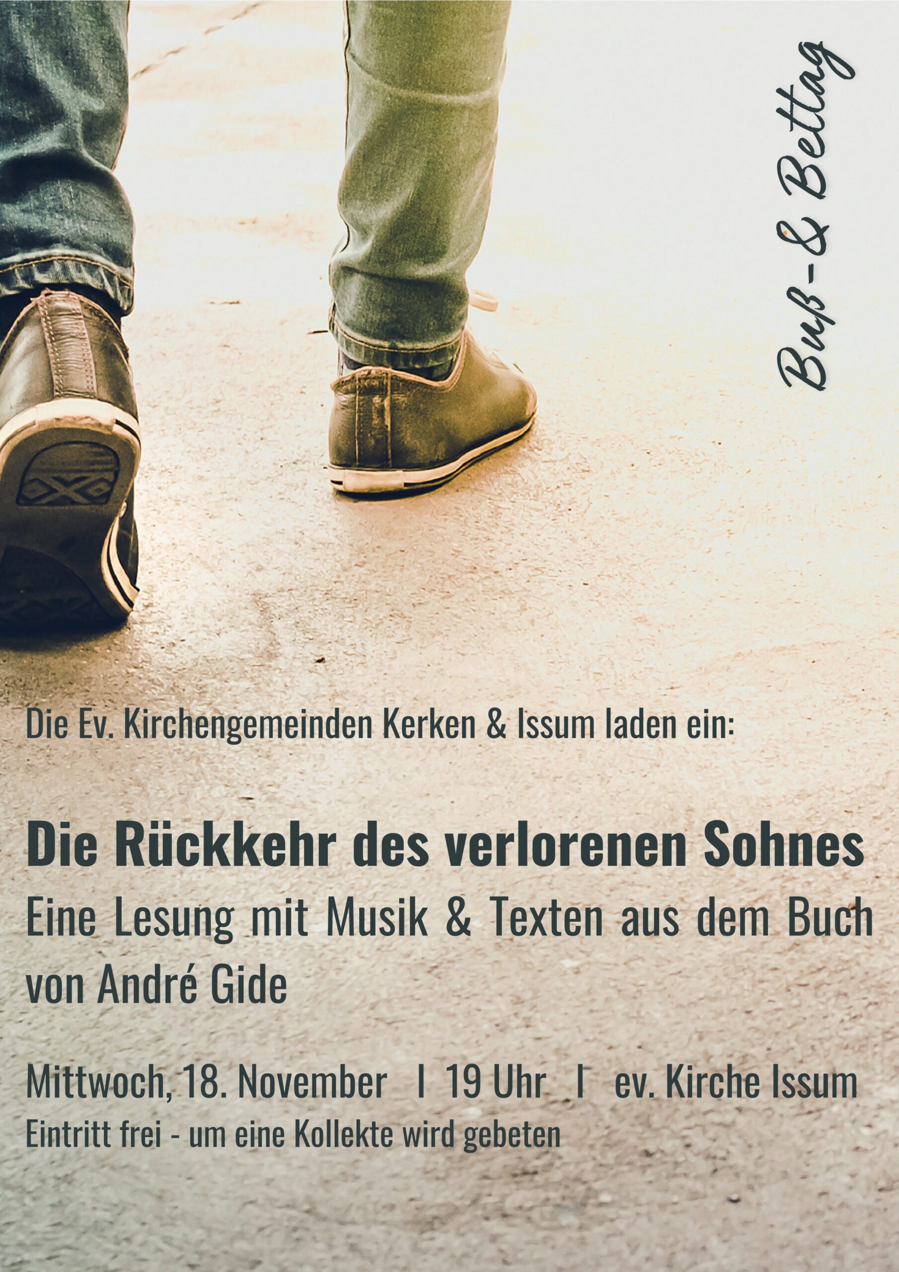 Nahaufnahme von einer Personen, die auf einem hellen Boden gehen, mit sichtbaren Schuhen und Hosenbeinen, rechts daneben der Text 'Buß- & Bettag'